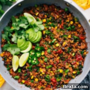 Delicious Taco Skillet plated with fresh toppings