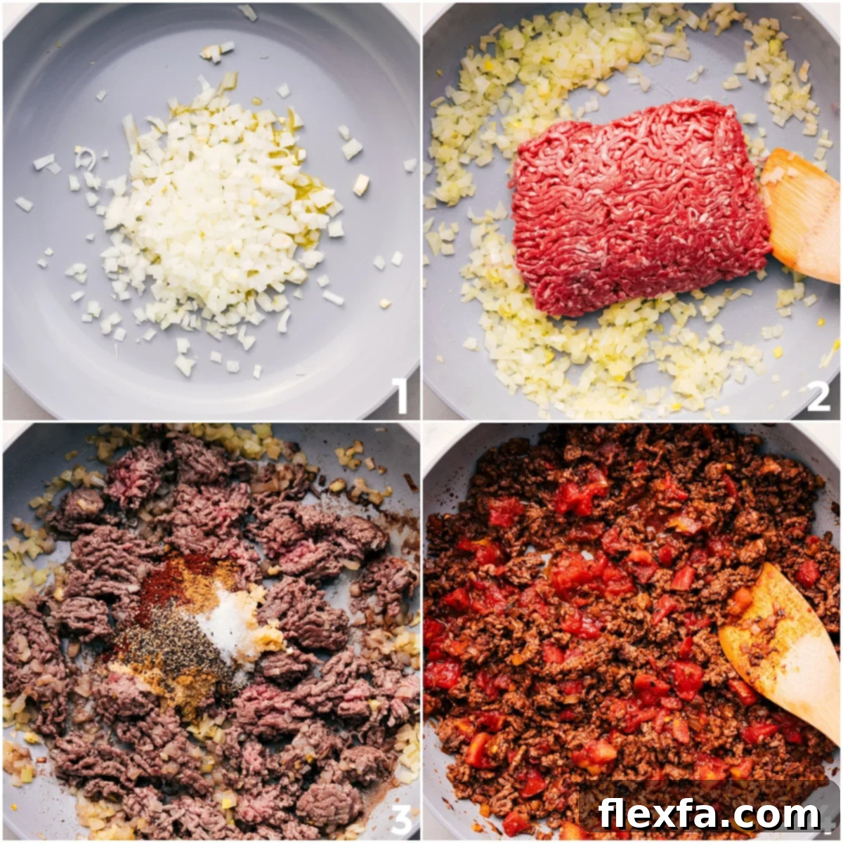 The cooking process for the taco skillet recipe, showing ground meat, seasonings, and diced tomatoes being sautéed together in a large skillet, building rich flavors.