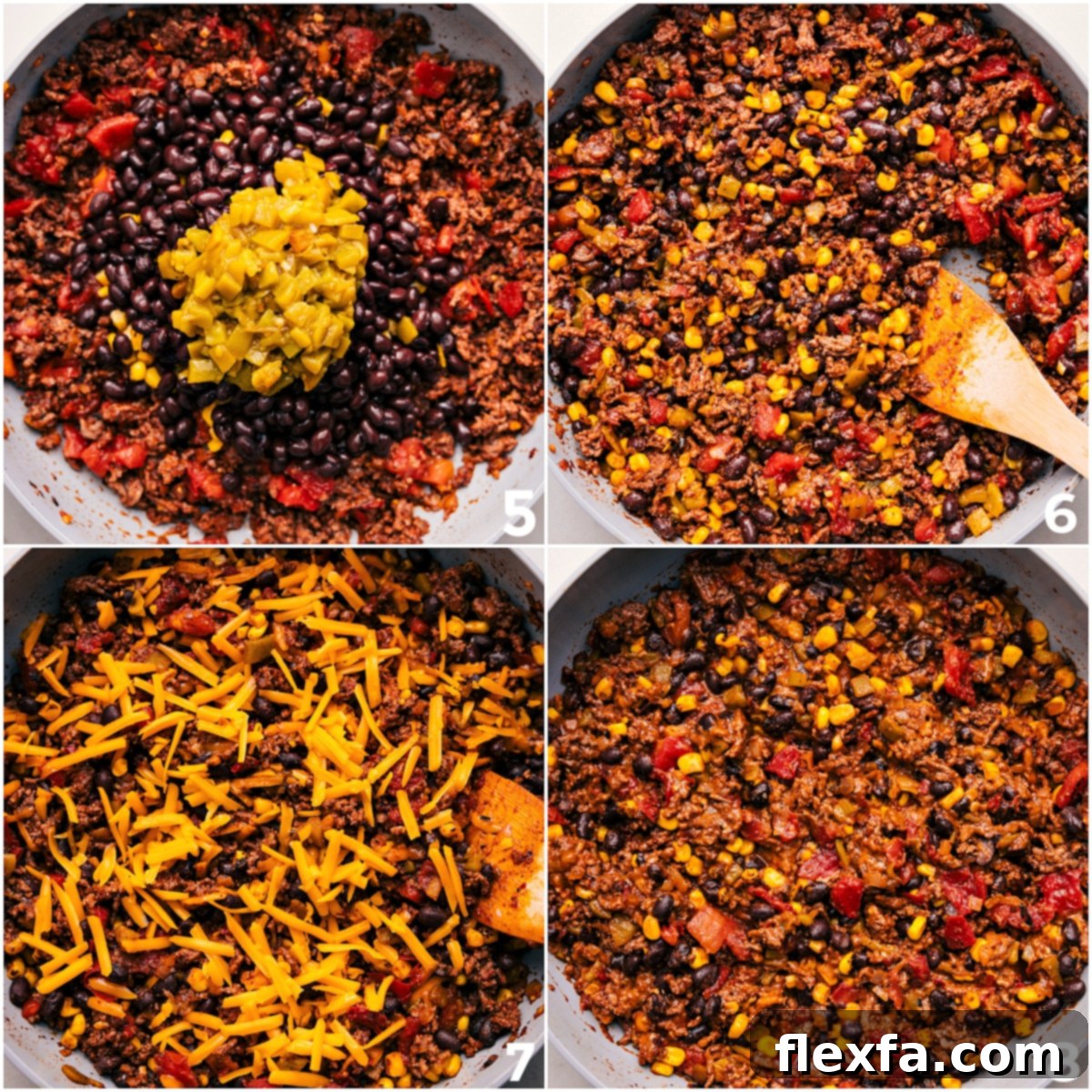 The final stage of the one-pot taco skillet recipe, with black beans, corn, and green peppers mixed into the ground meat, followed by shredded cheese being stirred in until perfectly melted and incorporated.