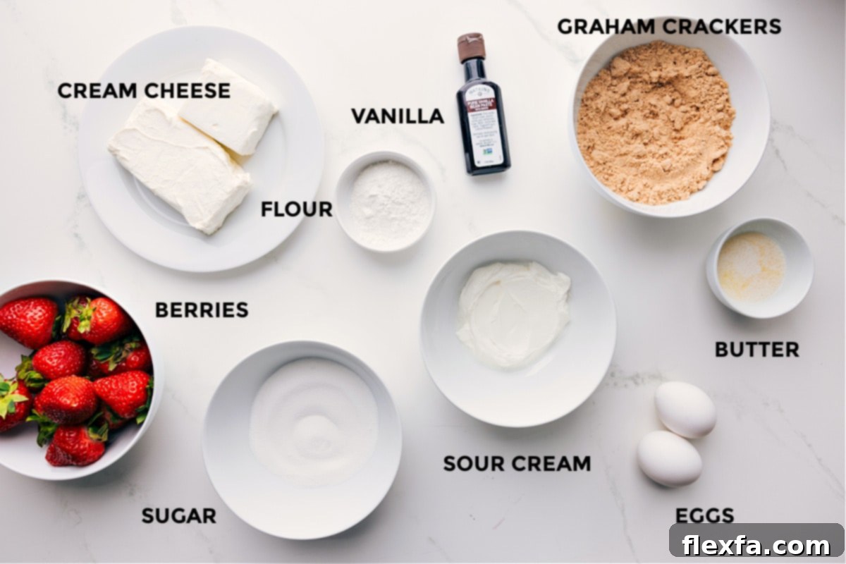 All the essential ingredients for this mini cheesecake recipe laid out for easy preparation, including fresh berries, cream cheese, sugar, flour, vanilla, sour cream, eggs, butter, graham crackers, and vanilla extract.