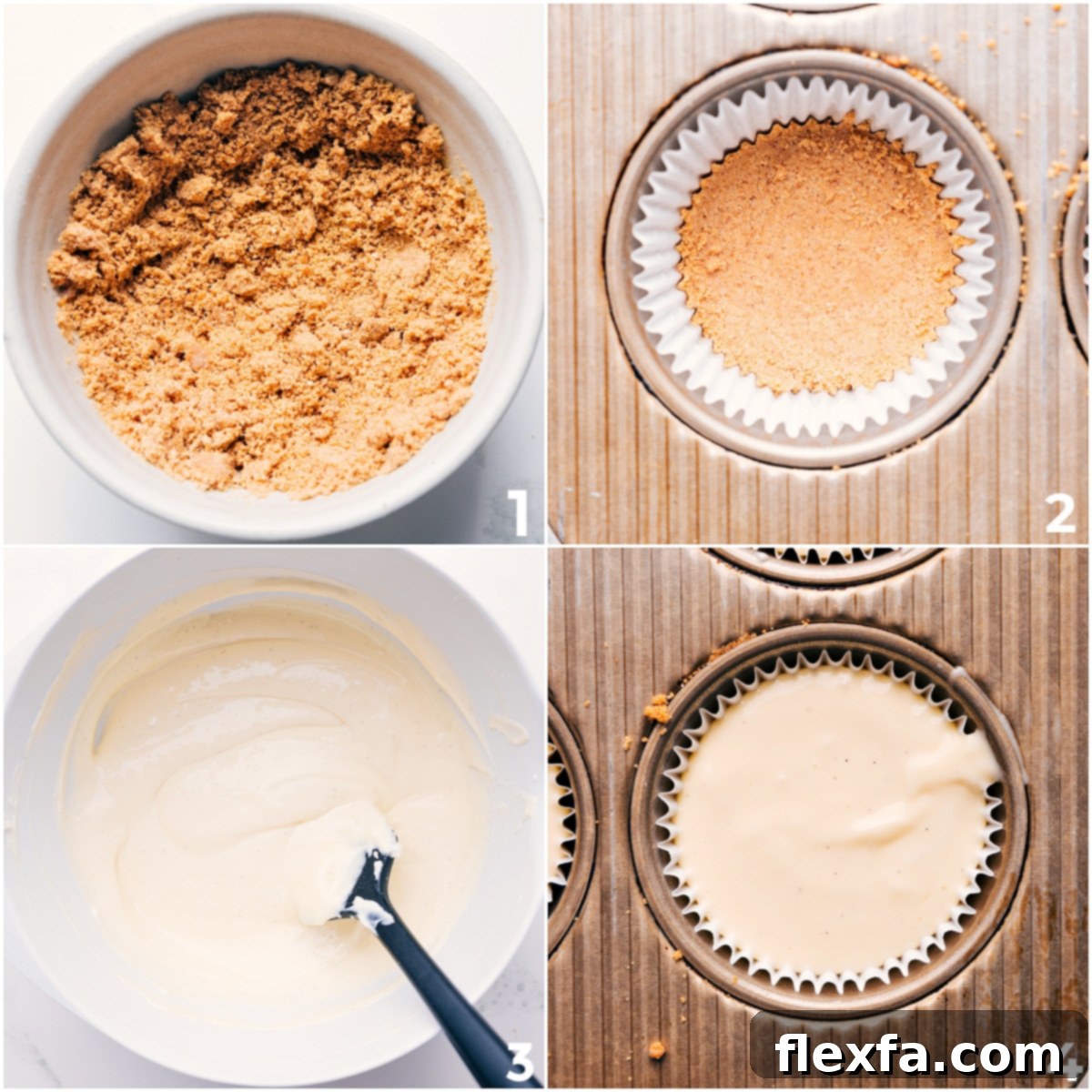 Graham cracker crust mixture evenly pressed into a muffin tin lined with cupcake wrappers, followed by the creamy cheesecake filling meticulously poured on top, ready for baking in this mini cheesecake recipe.
