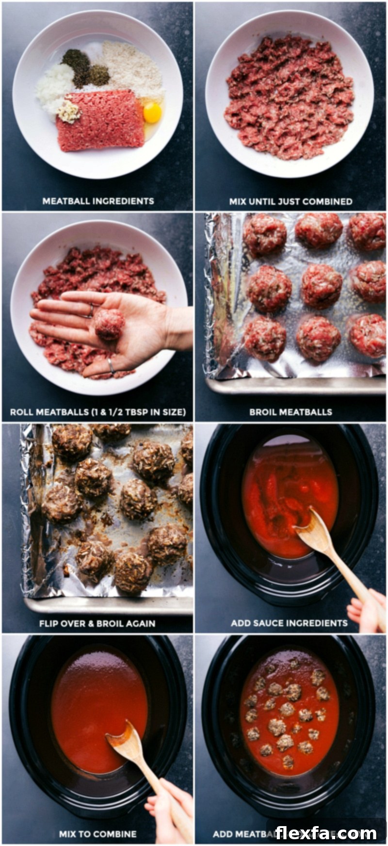 Preparing Meatballs for Broiling and Slow Cooking in Sauce Ingredients being mixed and rolled into meatballs before broiling and adding to a slow cooker to simmer in sauce, showing the preparation steps.