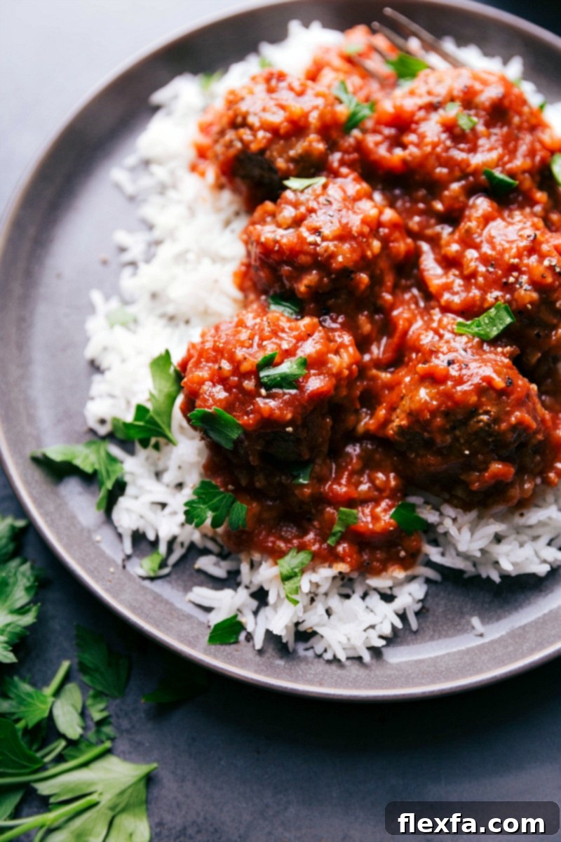 Ready-to-Eat Porcupine Meatballs Finished dish on a plate, perfectly cooked and ready to be eaten, emphasizing the deliciousness.