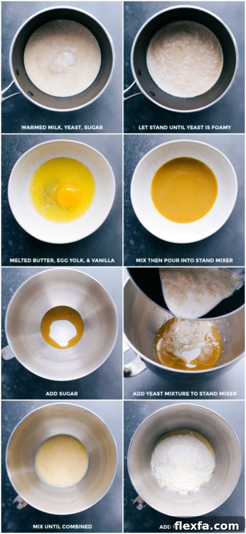 Creating the dough: illustrating the process of mixing milk, yeast, and sugar, combining ingredients in a stand mixer, adding eggs, butter, and vanilla, and finally incorporating flour and salt to form a perfect sweet roll dough.