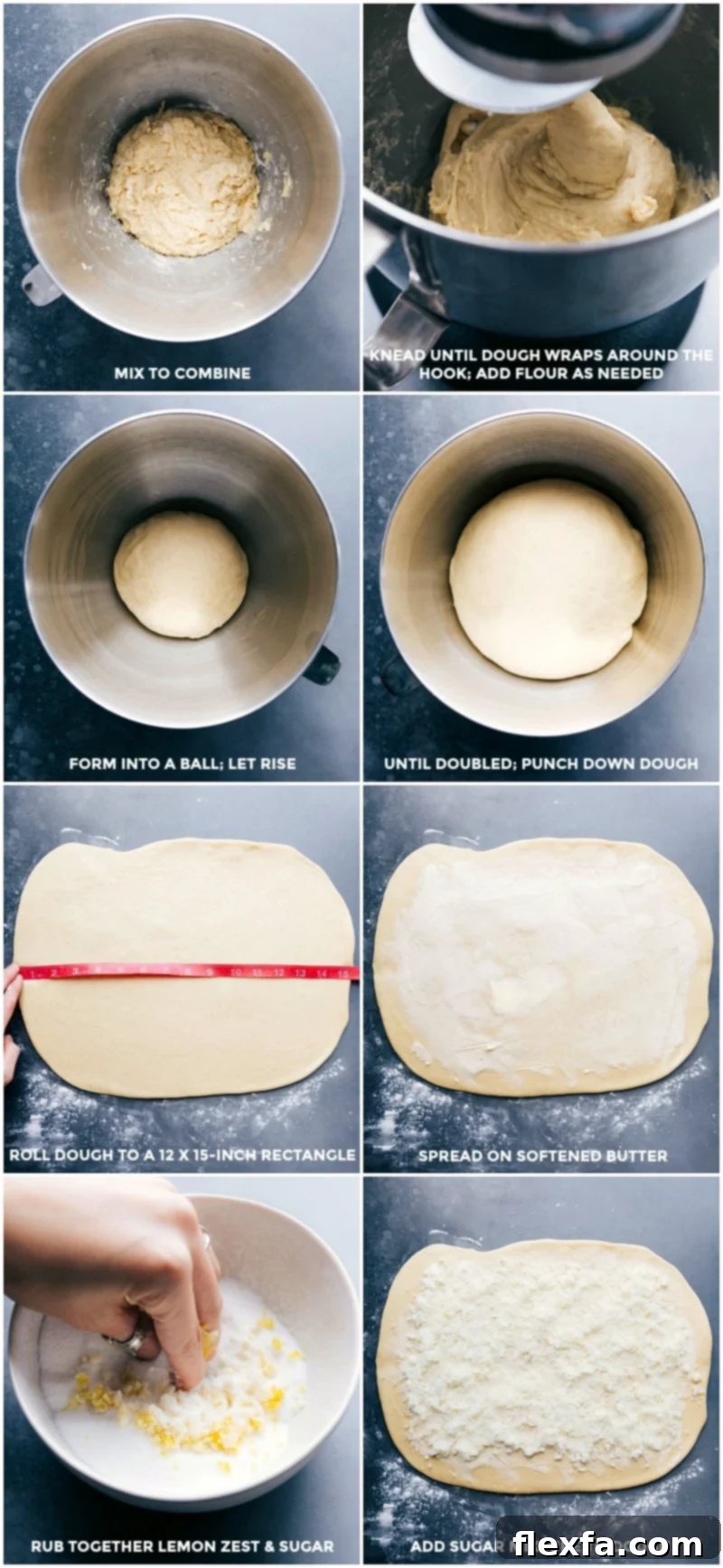 Progression of sweet roll preparation: mixing dough, allowing it to rise, rolling out the dough, and sprinkling sugar for the filling.