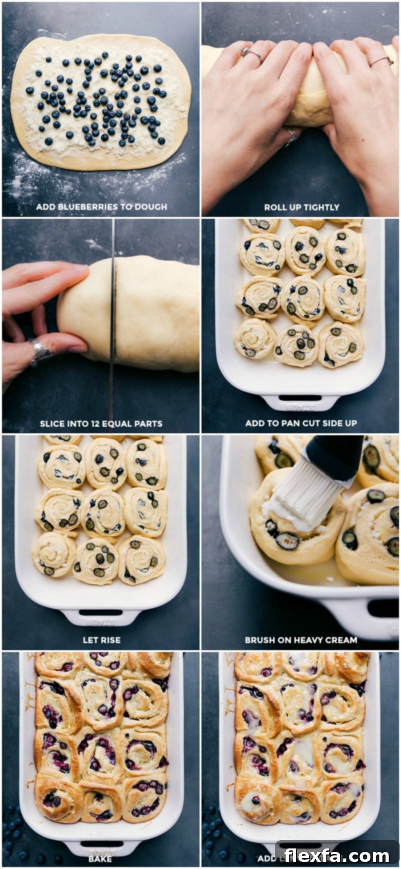 The assembly process of blueberry lemon sweet rolls, including adding fresh blueberries, carefully rolling and slicing the dough, baking them to perfection, and finally drizzling with a sweet lemon glaze.