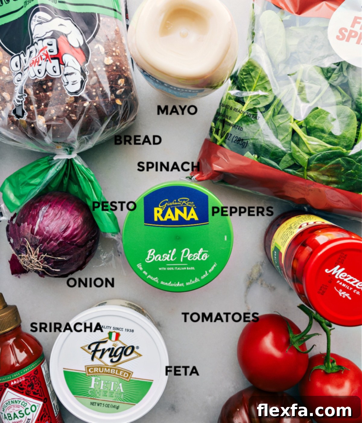 Ingredients In Mediterranean Pesto Sandwiches All the ingredients in this recipe prepped out for easy assembly.