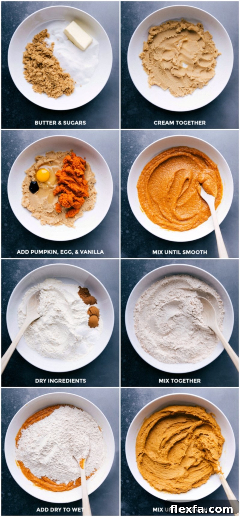 Beating butter and sugars until creamy, then incorporating egg and vanilla, followed by slowly mixing dry ingredients into the wet mixture until smooth dough forms for pumpkin cookies.