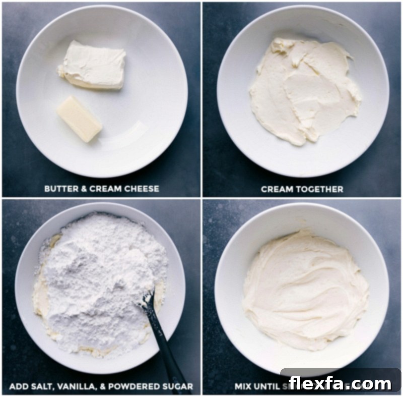 Making cream cheese frosting by creaming softened butter and cream cheese, then gradually adding salt, vanilla extract, and sifted powdered sugar, mixing until smooth and creamy.