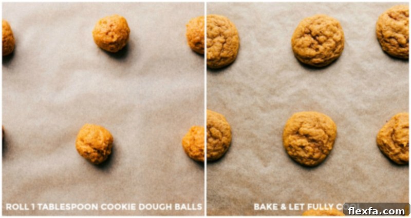 Cookie dough balls neatly arranged on a baking sheet before baking, and then a side-by-side comparison with the perfectly baked, rounded pumpkin whoopie pie cookies.