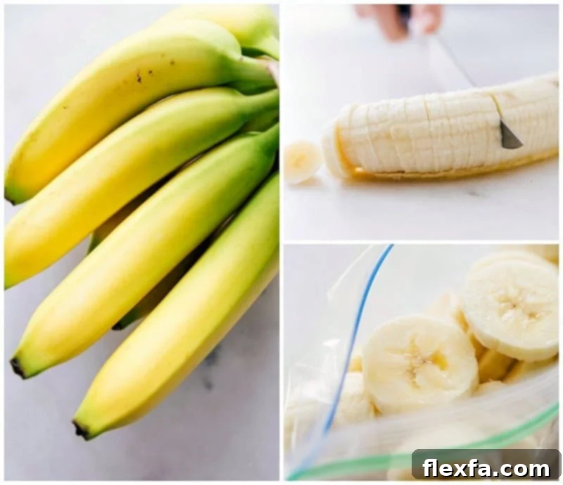 Step-by-step guide showing how to properly slice and freeze bananas for optimal smoothie texture and thickness.