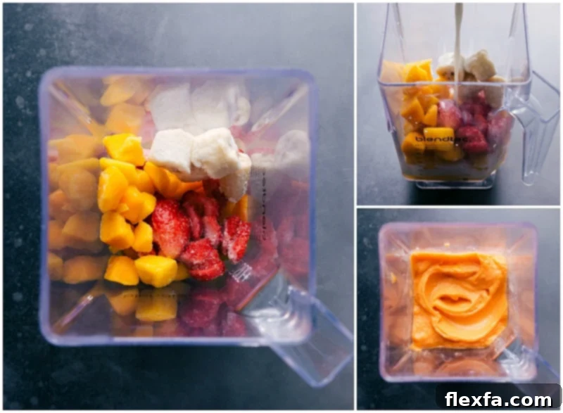 Visual steps of making the smoothie: adding frozen fruit to a high-speed blender, pouring in milk, and blending until a smooth, thick consistency is achieved.