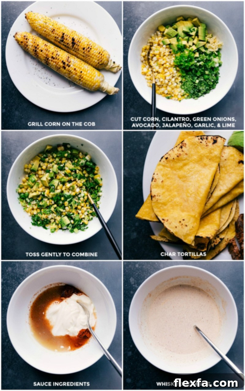 A collage of images demonstrating the preparation of steak tacos: fresh corn grilling on a barbecue, kernels being cut from the cob and mixed with salsa ingredients, tortillas being charred over an open flame, and the chili-lime sauce ingredients being combined in a bowl.