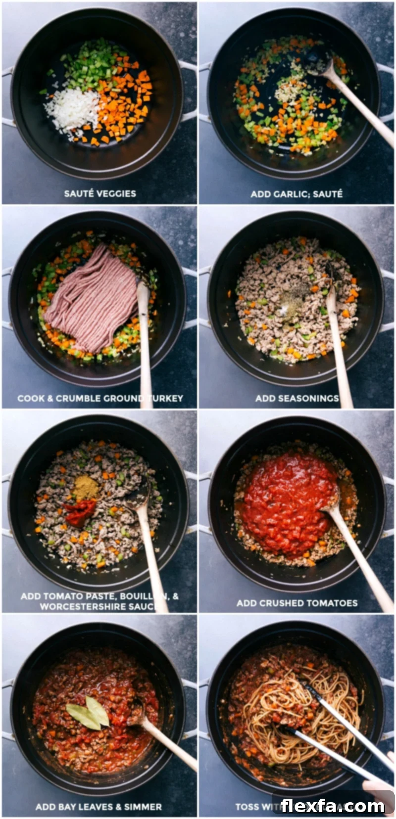 Preparing Turkey Bolognese Sauce: Sautéing Veggies, Adding Ingredients, and Simmering Sautéing veggies, adding garlic, cooking ground meat, seasoning, adding tomato paste, bouillon, worcestershire sauce, crushed tomatoes, bay leaves, and simmering, then tossing with cooked pasta.