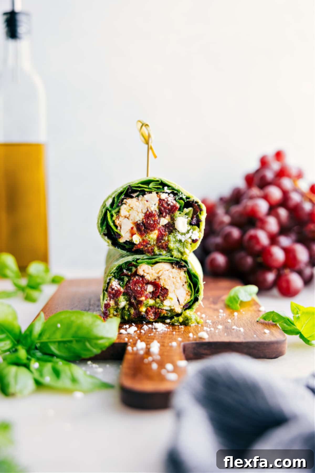 This easy lunch recipe prepped out and ready to be enjoyed, showing the finished Mediterranean Wrap.
