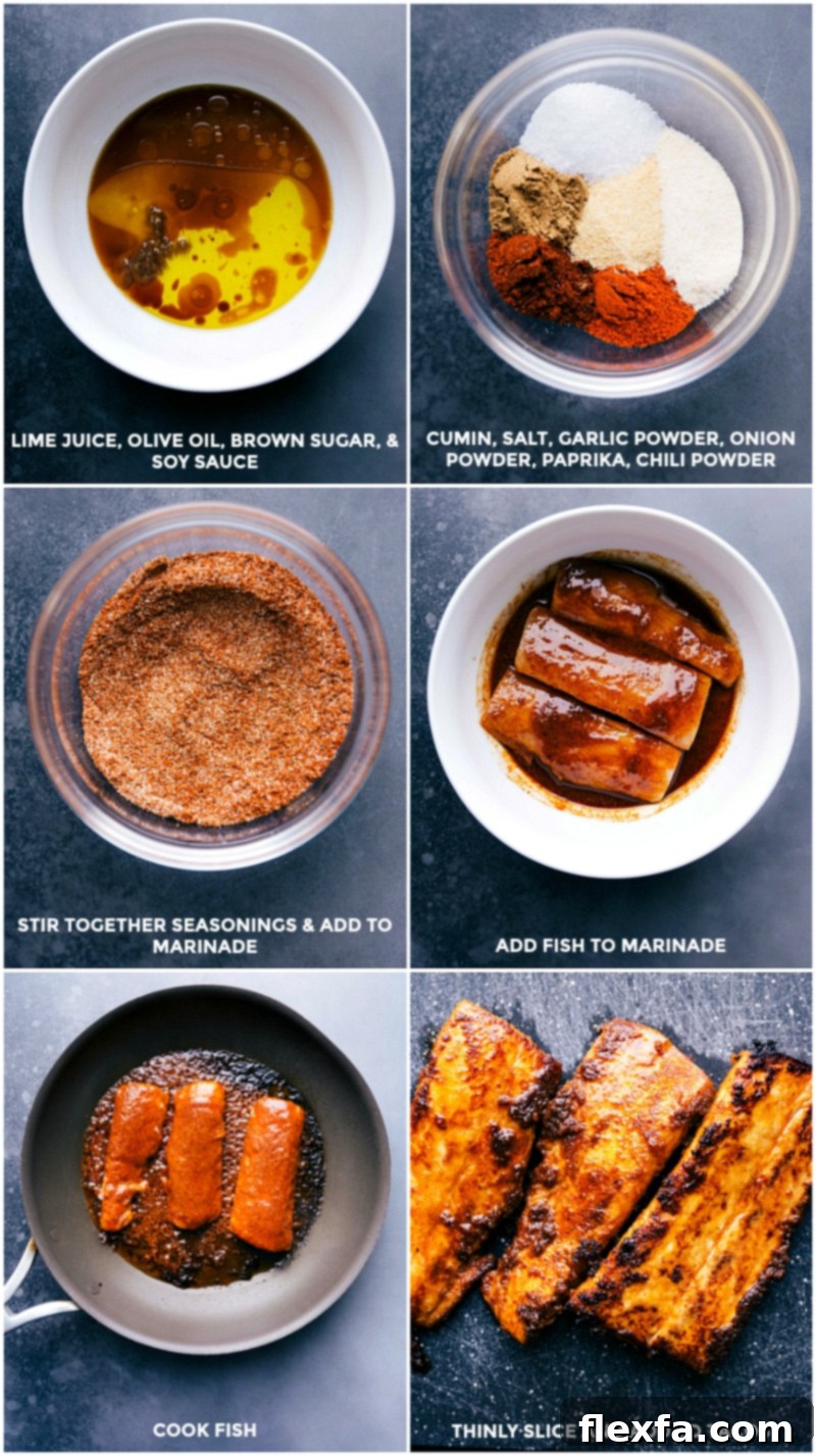 Preparing fish taco ingredients: a bowl of vibrant marinade, a blend of spices for seasoning, and fresh fish ready for marination and slicing.