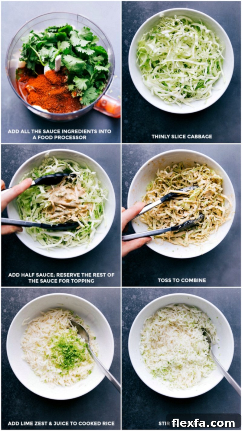 Preparation of key fish taco components: a food processor with sauce ingredients, a bowl of shredded cabbage mixed with half the taco sauce for a flavorful slaw, and perfectly seasoned rice with lime zest and juice.