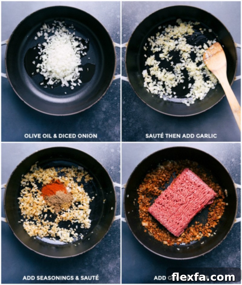 Sautéing Onion and Garlic for Meat Filling - Flavorful Cooking Sautéing onion in olive oil and then adding garlic, additional seasonings, and meat to continue browning.