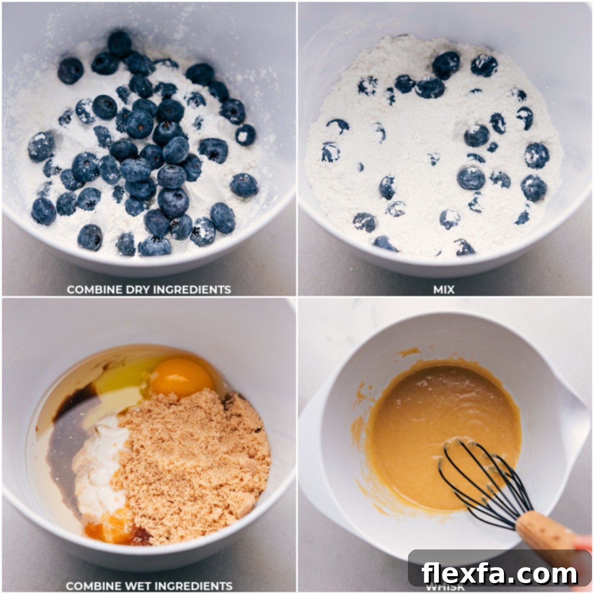 Two separate bowls illustrate the careful preparation process: dry ingredients being whisked in one, and wet ingredients blended smoothly in the other, ready to be combined for these healthy blueberry muffins.