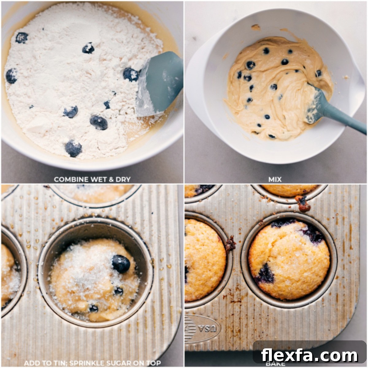 A comprehensive photo showing the complete process of making healthy blueberry muffins: from mixing dry and wet ingredients, to the batter filling a muffin tin, and finally, a batch of freshly baked golden muffins cooling.