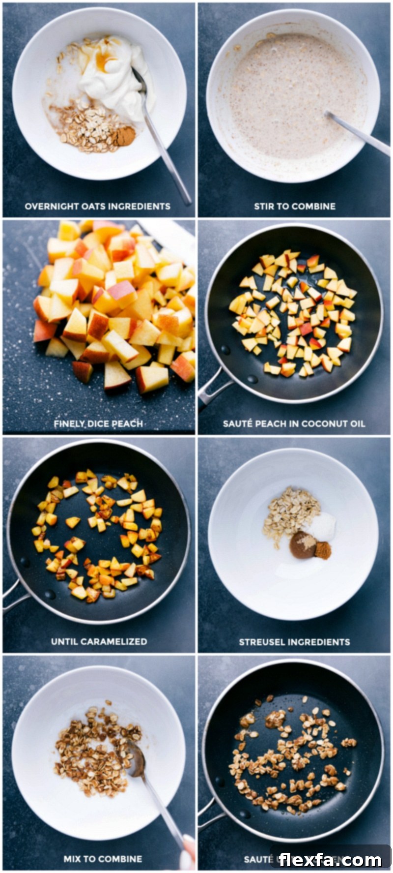 A visual guide showing the steps for making Peach Cobbler Overnight Oats: combining oat ingredients, caramelizing fresh peach slices in a pan, and preparing the crunchy streusel topping.