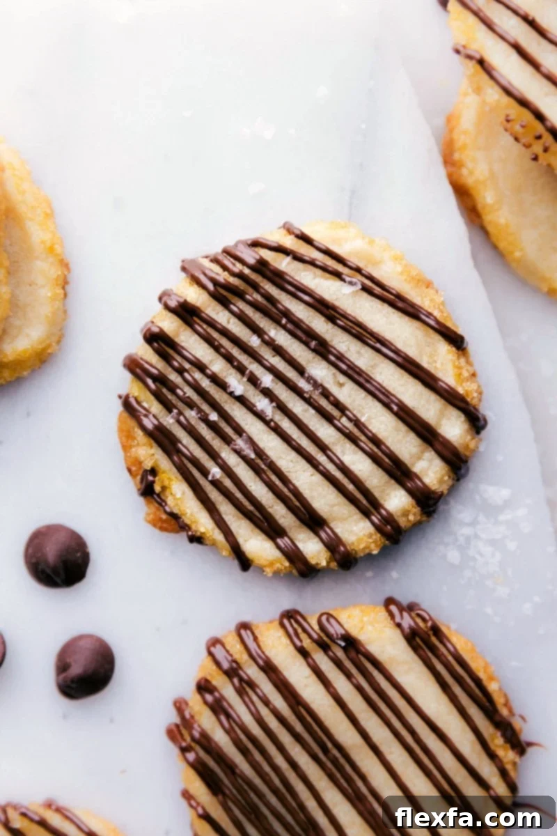 Freshly baked shortbread cookies with a tempting chocolate drizzle and a sprinkle of sea salt on a cooling rack.