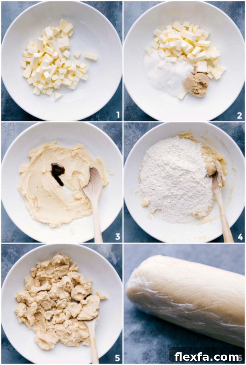 Detailed step-by-step imagery of making shortbread cookie dough, from mixing ingredients in a bowl to shaping the perfect log.