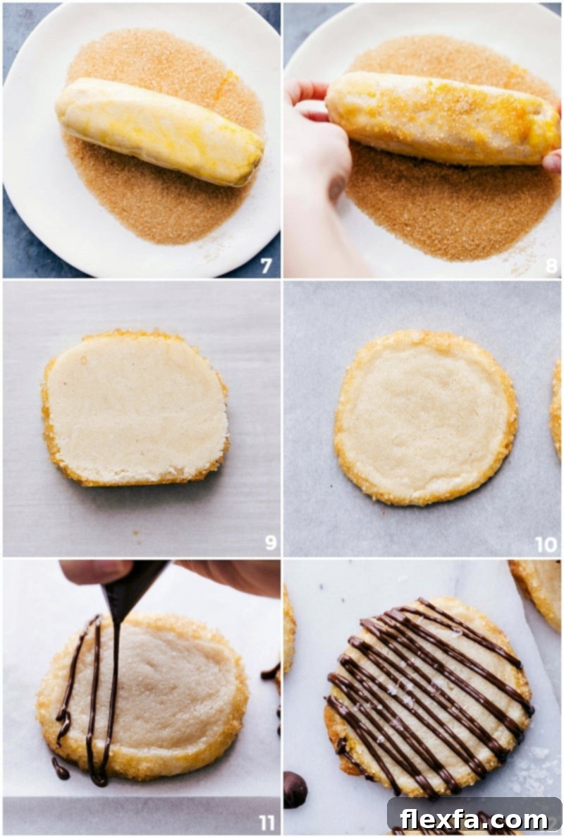 A sequence of images showing shortbread cookie preparation: dough being rolled in sugar, baked cookies on a sheet, and chocolate drizzled finished cookies.