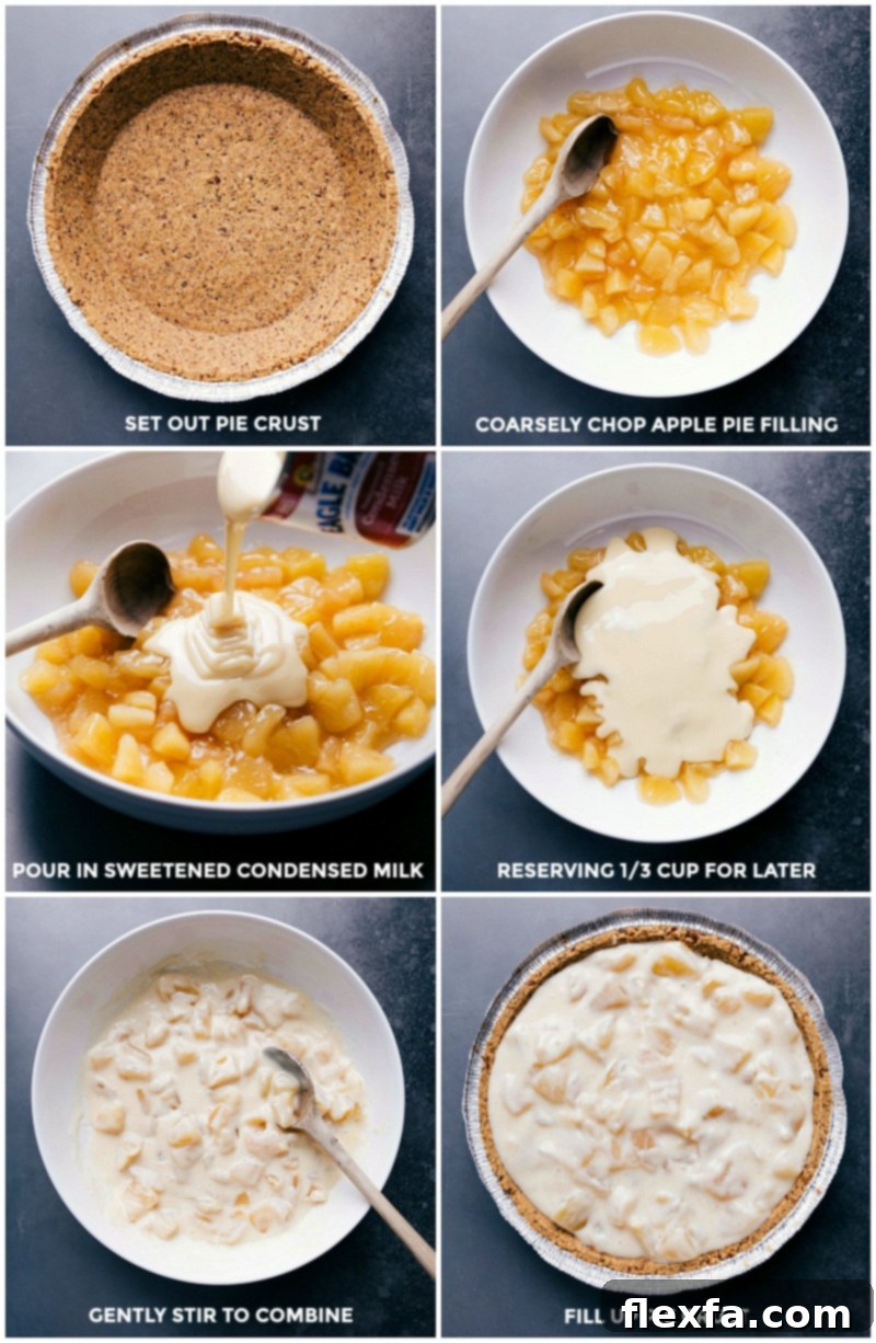 Step-by-step process of preparing the Apple Streusel Pie: preparing the pecan pie crust, coarsely chopping apple pie filling, mixing in sweetened condensed milk, and pouring the mixture into the crust.