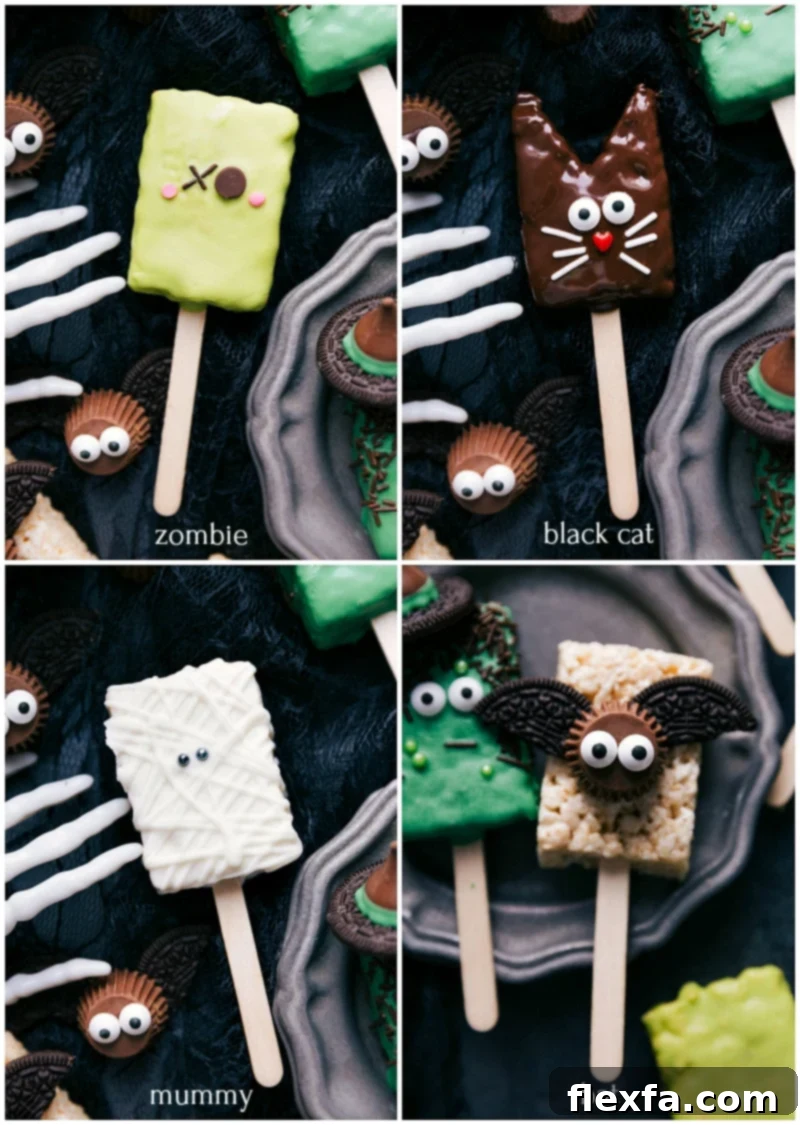 Monster Mash Krispie Bars 3 Rice krispie halloween treats on sticks shaped like a zombie, black cat, mummy, and bat.