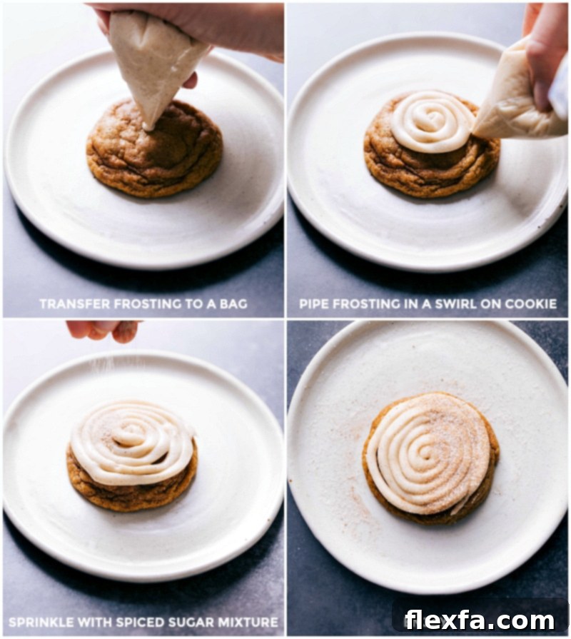 Decorating Pumpkin Cinnamon Roll Cookies - Adding Frosting and Spiced Sugar Mixture Frosting being piped on top of the cookie, with spiced sugar mixture added, ready to be enjoyed.