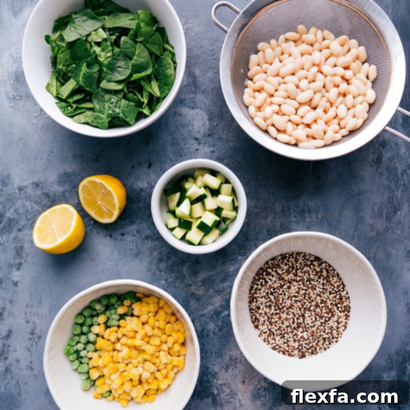 Components for the healthy minestrone soup recipe: individual bowls with prepped vegetables, beans, pasta, and herbs.