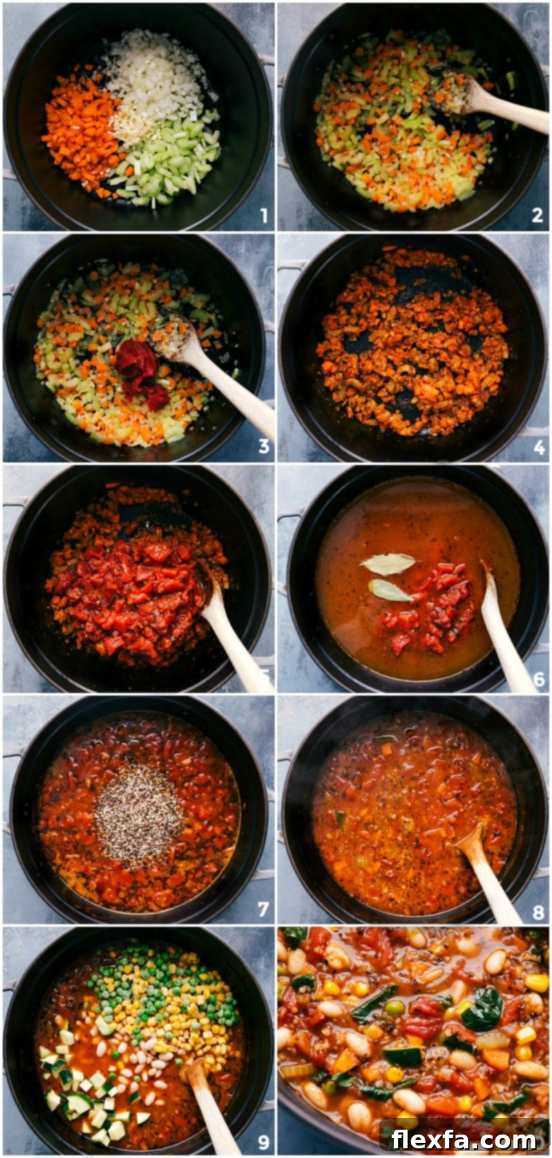 A pot full of veggies cooking, other ingredients being mixed in, and the final ready-to-eat minestrone soup.