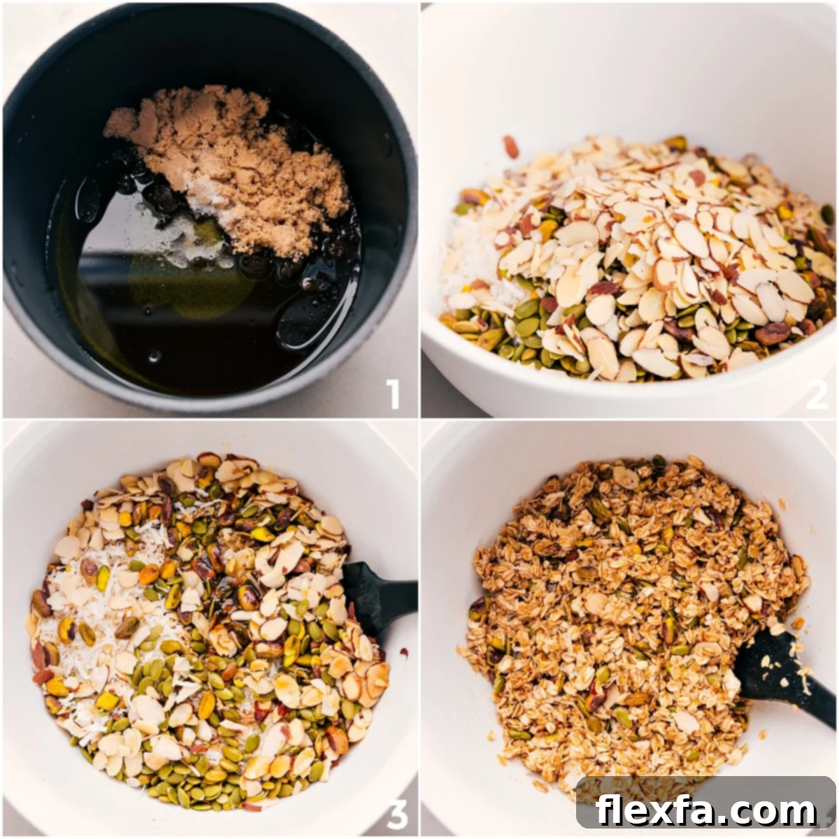 Combine the oil, syrup, brown sugar, and salt in a saucepan and heat until the sugar dissolves. Add all the remaining ingredients to a bowl and toss everything together.