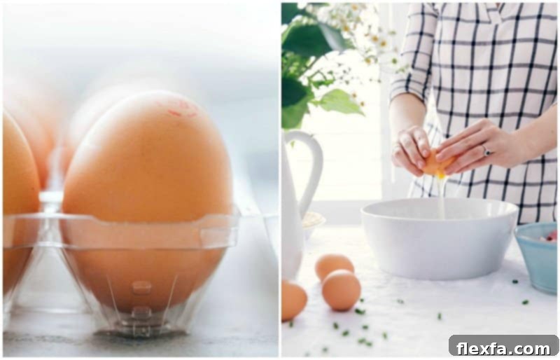 Fresh eggs in a carton, with one egg being cracked precisely into a mixing bowl, ready for the quiche custard.