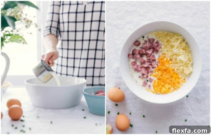 Pouring fresh half-and-half into a bowl containing whisked eggs and other ingredients for the quiche custard.