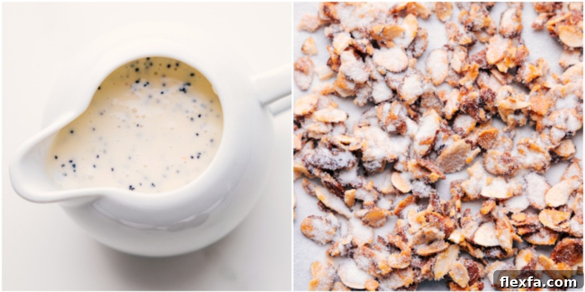 Homemade poppyseed dressing in a jar, ready for drizzling, with a bowl of freshly candied almonds in the background.