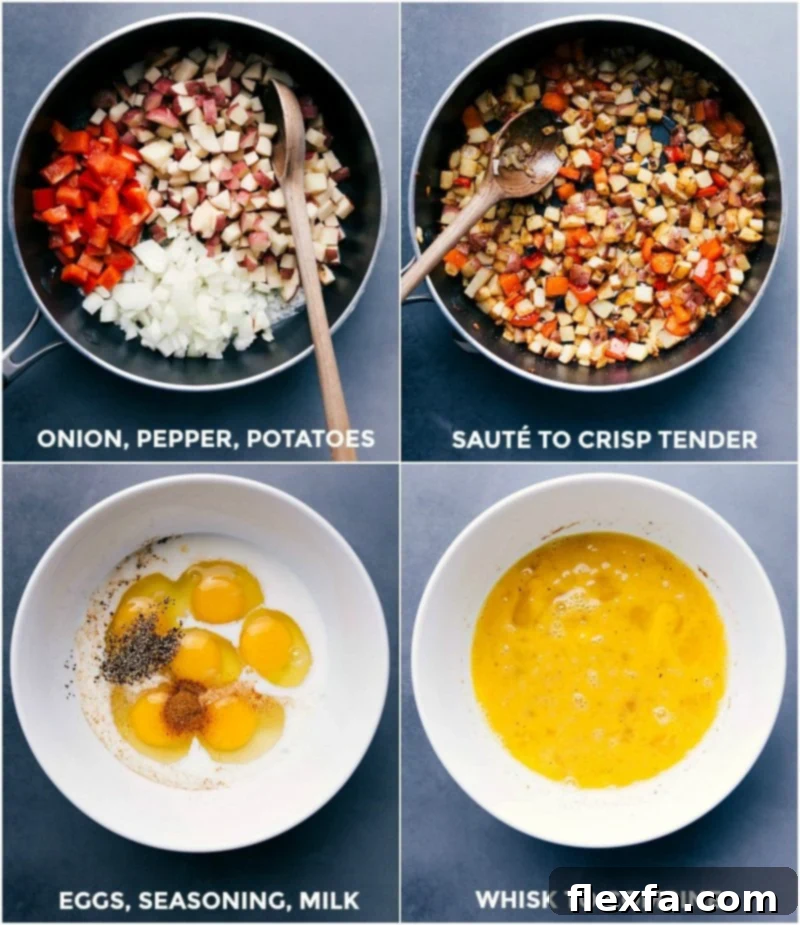 Sautéing Fresh Veggies with Whisked Eggs and Seasonings on the Side, Prepping for an Egg Skillet. Fresh red bell peppers, yellow onions, and cubed red potatoes sautéing in a pan with whisked, seasoned eggs ready to be added on the side.