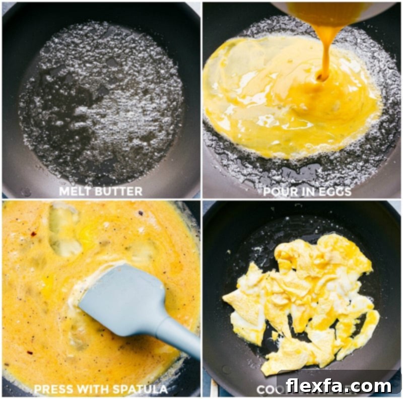 Eggs Being Fried in a Skillet with Butter, Cooking to Perfection. Eggs cooking in a skillet with melted butter, gently pushed to one side.