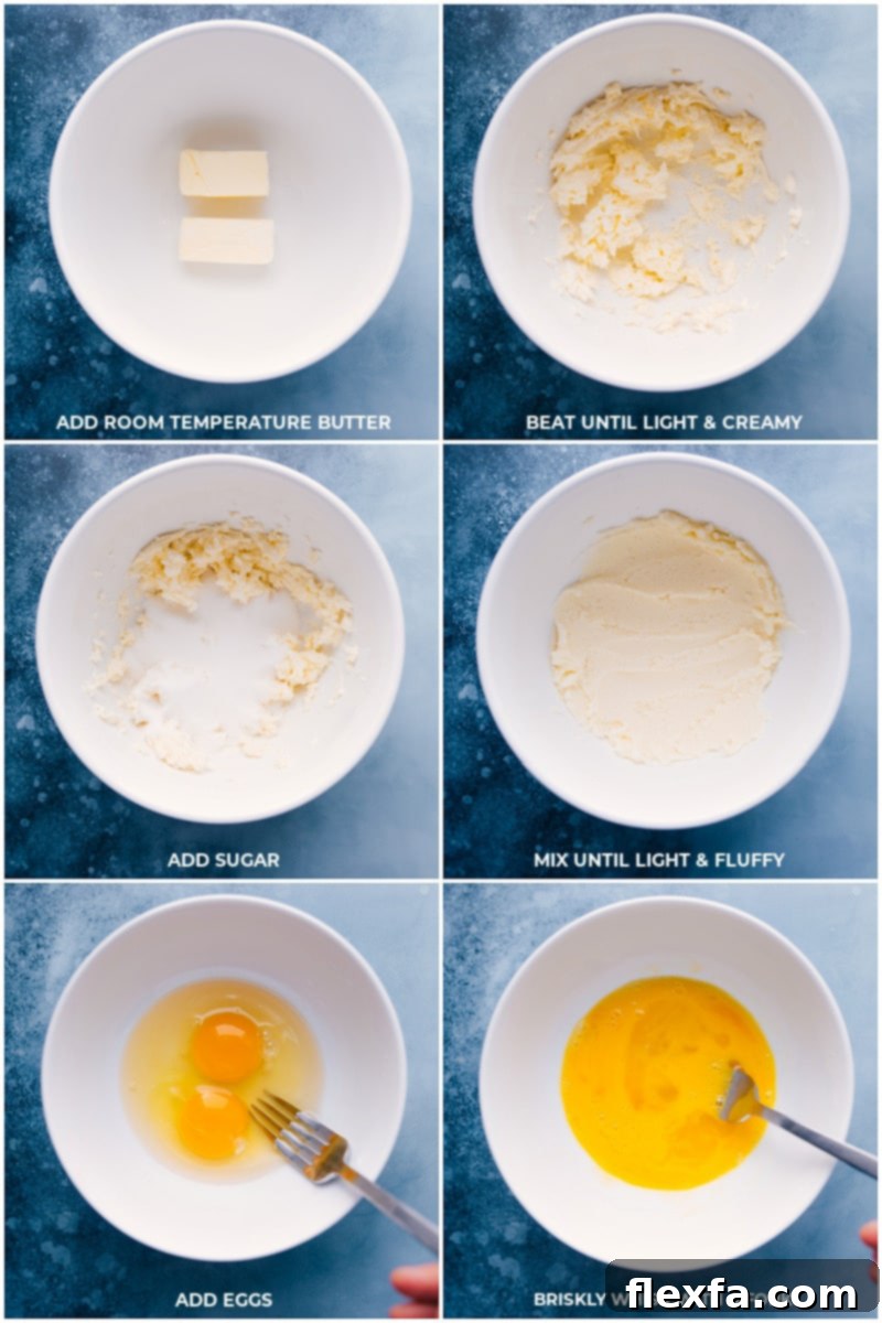 Process shots: Beating room-temperature butter until light, mixing in sugar, and briskly whisking eggs in a separate bowl for a homemade strawberry cake.