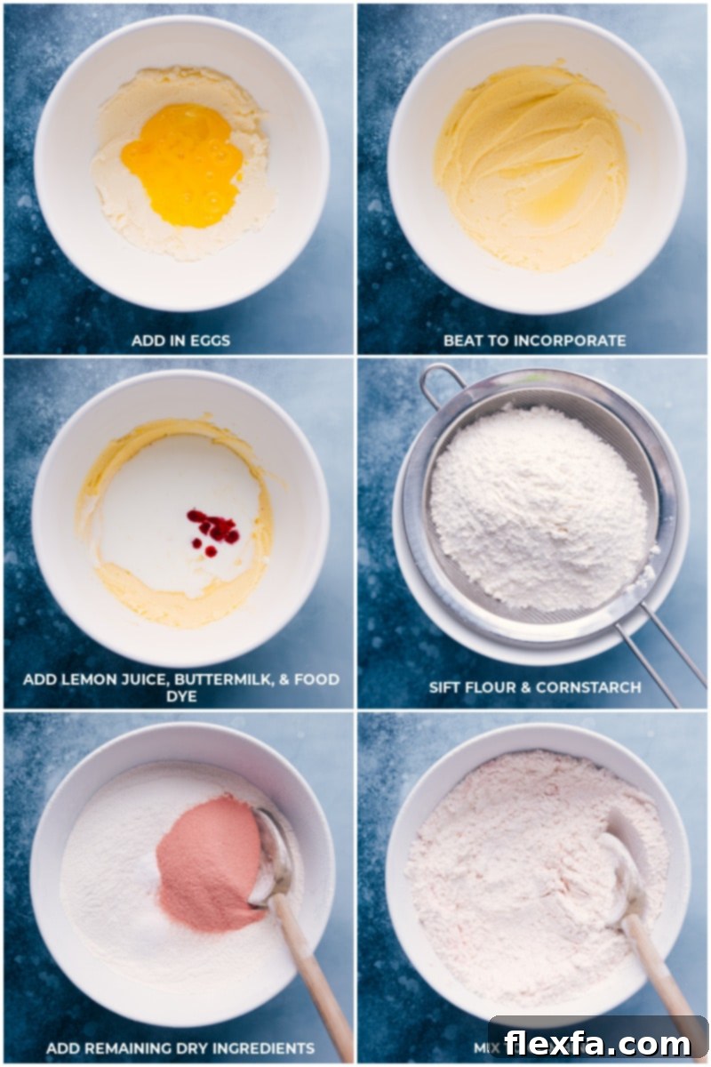 Process shots: Beating eggs into the butter mixture, adding lemon juice, buttermilk, and optional food dye, then sifting flour and cornstarch separately and adding remaining dry ingredients before mixing.