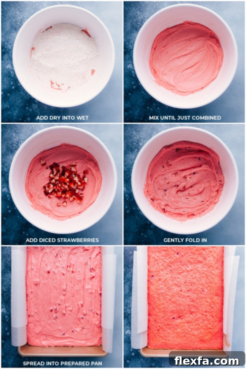 Process shots: Adding dry ingredients to wet ingredients, mixing briefly, then folding in diced strawberries before spreading batter into the pan and baking.
