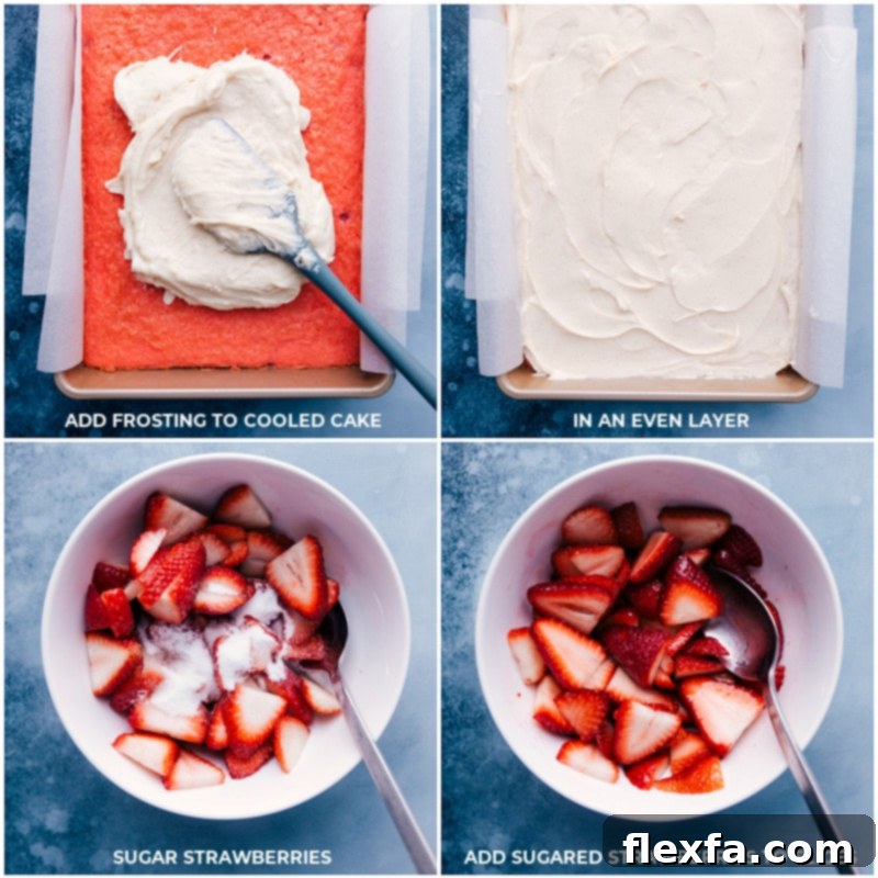 Process shots: Applying a smooth, even layer of cream cheese frosting to the cooled cake, followed by preparing sugared berries by combining sliced strawberries with granulated sugar for topping.