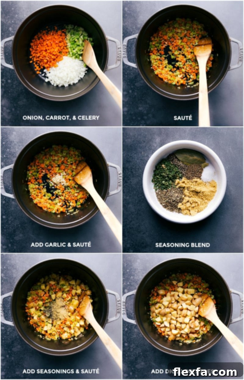 Sautéing Veggies, Adding Seasonings, and Cooking Potatoes Step-by-step process of making chicken pot pie soup: sautéing aromatic vegetables, adding flavorful seasonings, and cooking diced potatoes in a large pot.