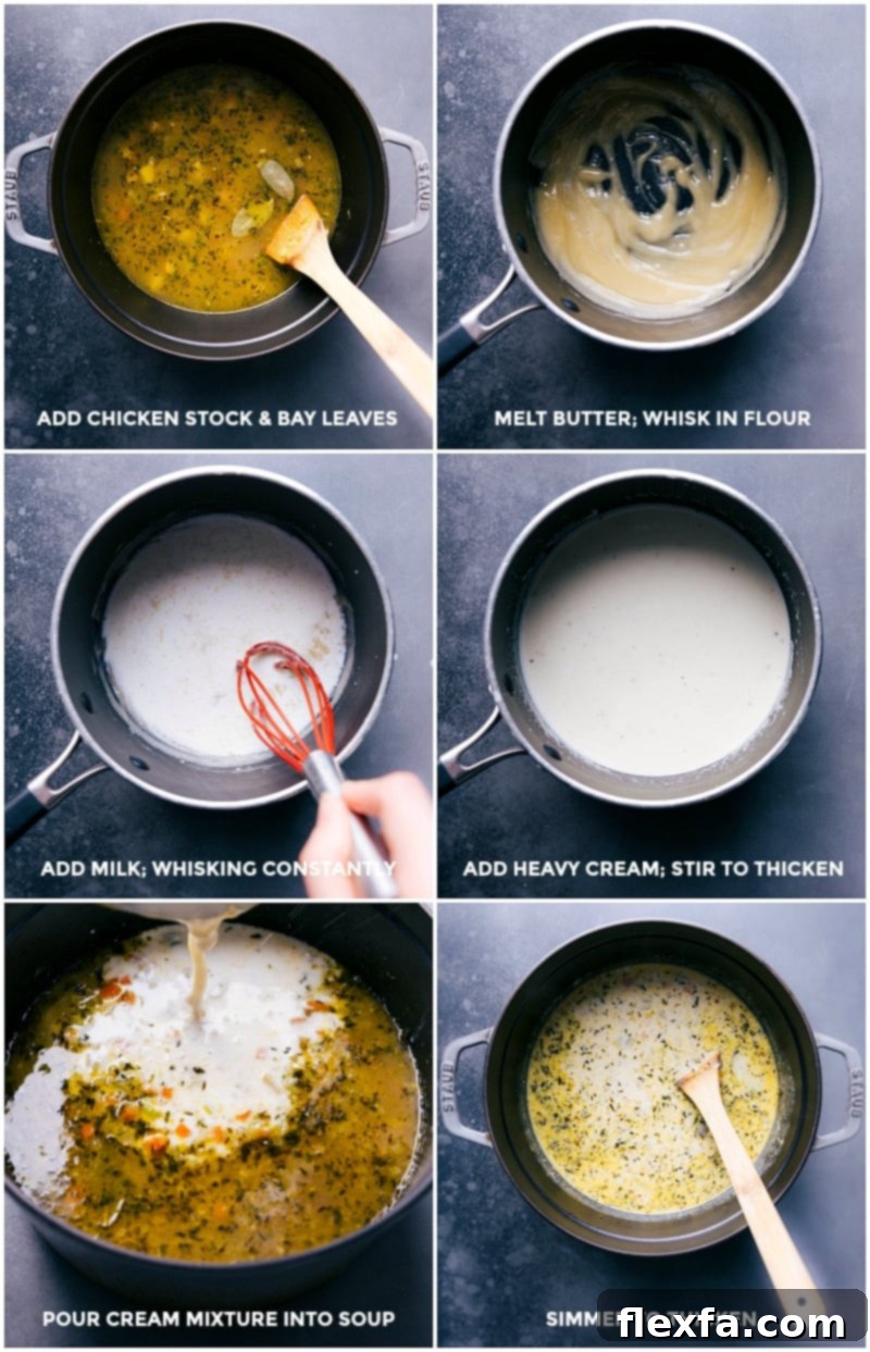 Making Cream Sauce for Chicken Pot Pie Soup A creamy, rich sauce being prepared in a separate pot, ready to be incorporated into the hearty chicken pot pie soup base, adding velvety texture and depth of flavor.