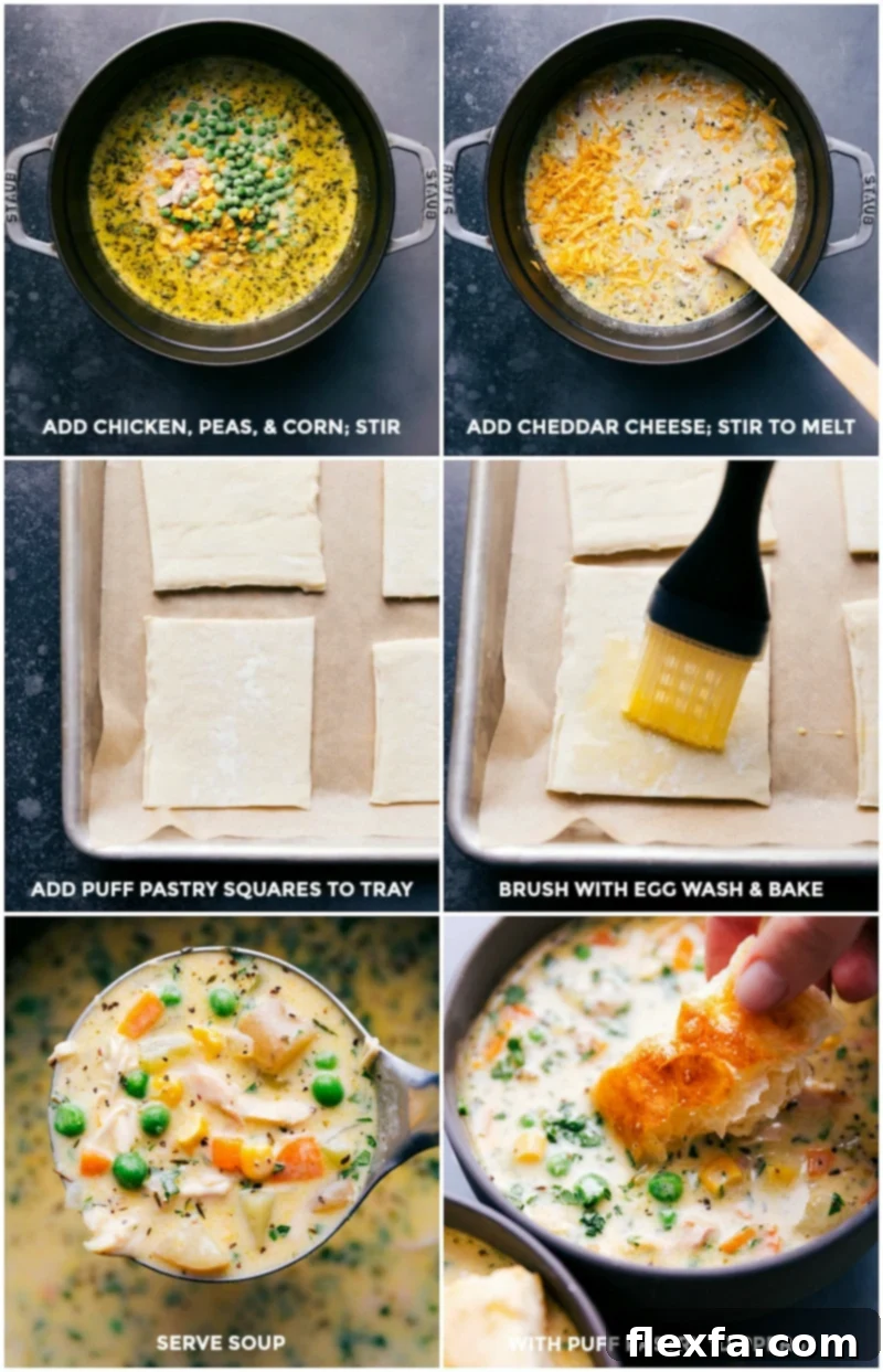 Chicken Pot Pie Soup Preparation - Adding Ingredients and Serving The final stages of preparing Chicken Pot Pie Soup: adding frozen peas, corn, and shredded chicken to the simmering pot, followed by shredded cheese to melt. In the background, flaky puff pastry squares are arranged on a baking sheet, ready for serving alongside the soup.