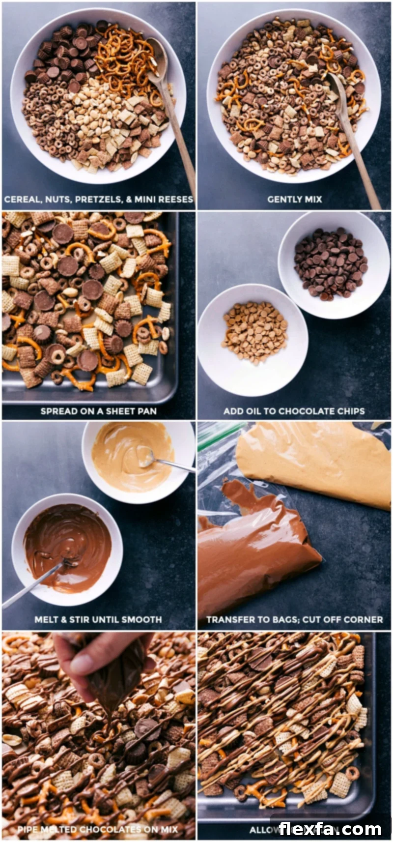 Creating the Mix - Ingredients Blend with Chocolate and Peanut Butter Drizzle A close-up view of the ingredients for Chocolate Peanut Butter Snack Mix in a mixing bowl. The cereals, nuts, pretzels, and peanut butter cups are visible, with streams of rich melted chocolate and creamy peanut butter chips being drizzled over them, illustrating the preparation process.
