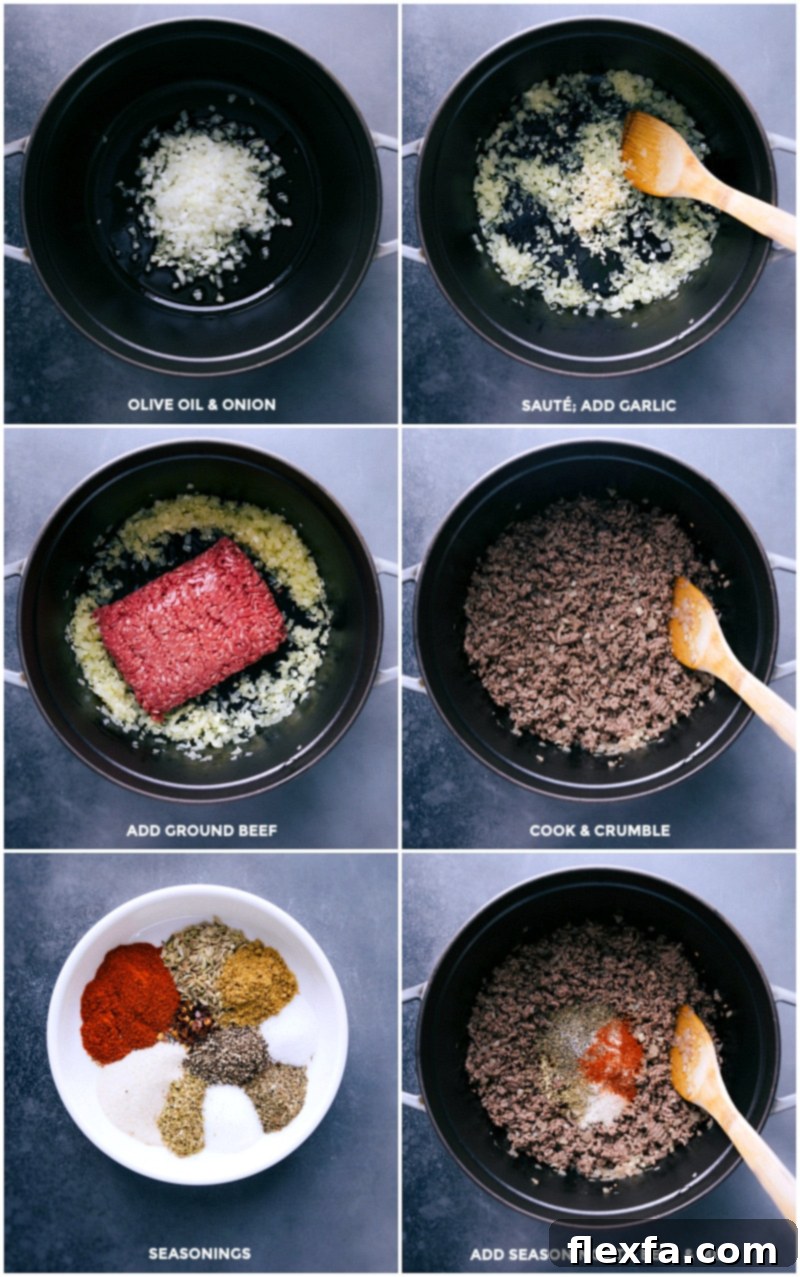 Sauteeing onion and garlic in olive oil, then adding ground beef to cook and crumble, with seasonings mixed in.