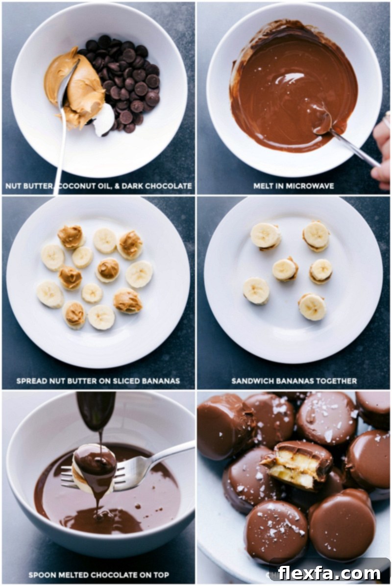 Step-by-step process of making chocolate-covered banana bites: melting chocolate, spreading peanut butter on banana slices, and dipping banana sandwiches in melted chocolate.