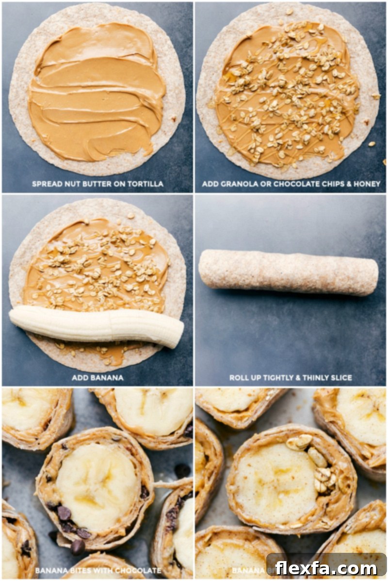 Process shots of making Banana Sushi: spreading peanut butter, granola, and honey on a tortilla, placing a banana, rolling it up, and finally slicing into segments.